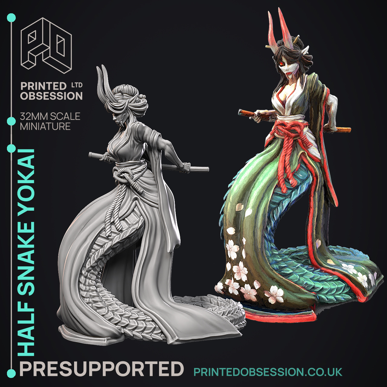 Half Snake Yokai - Elemental Creatures - PRESUPPORTED - Illustrated and Stats - 32mm scale